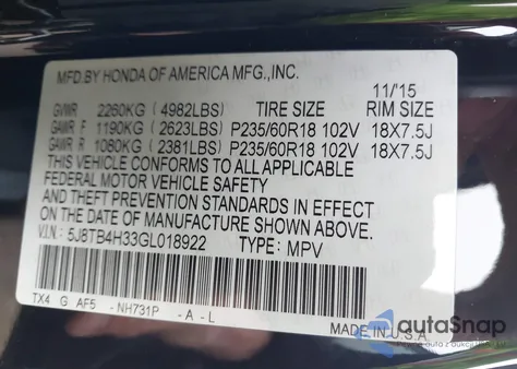 2016 Acura Rdx Acurawatch Plus Package z USA, uszkodzony, nr VIN 5J8TB4H33GL018922